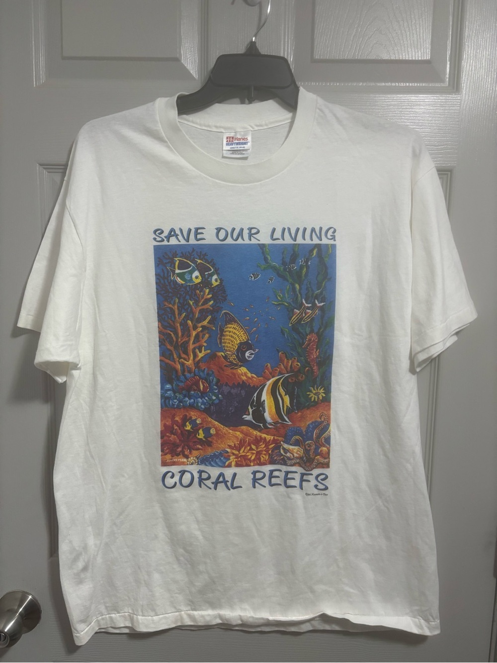 Vintage Save Our Living Coral Reefs T-Shirt Mens XL White Human-I-Tees Ocean